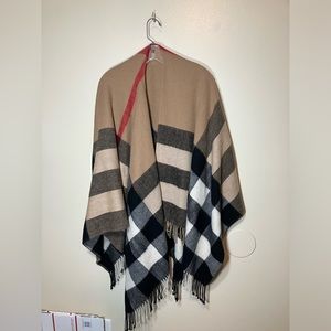 Burberry Cashmere Shawl Cream Red Black Check/Stripe